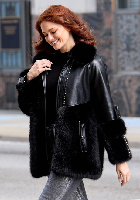 Fabulous-Furs Black Faux Fur & Faux Leather Black Diamond Coat  Fabulous-Furs Black Faux Fur & Faux Leather Black Diamond Coat
