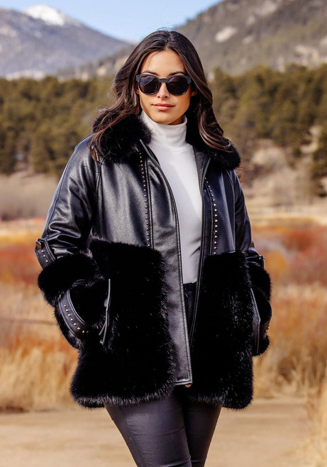 Fabulous-Furs Black Faux Fur & Faux Leather Black Diamond Coat  Fabulous-Furs Black Faux Fur & Faux Leather Black Diamond Coat