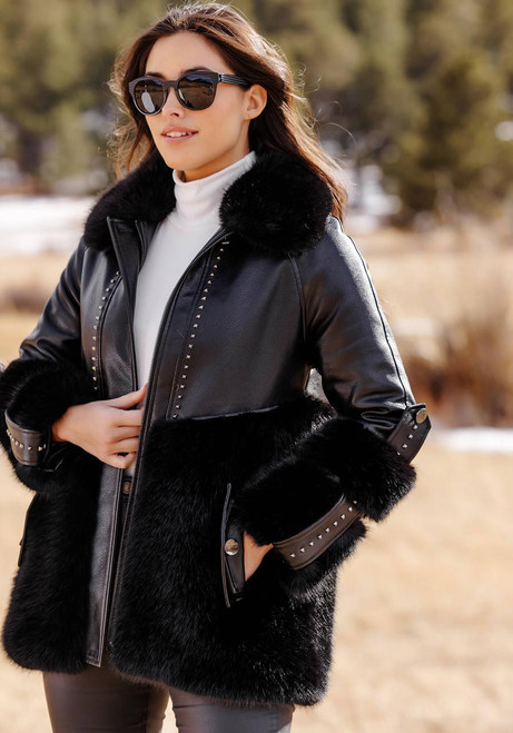 Fabulous-Furs Black Faux Fur & Faux Leather Black Diamond Coat  Fabulous-Furs Black Faux Fur & Faux Leather Black Diamond Coat