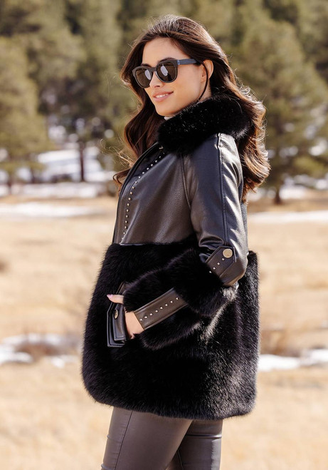 Fabulous-Furs Black Faux Fur & Faux Leather Black Diamond Coat  Fabulous-Furs Black Faux Fur & Faux Leather Black Diamond Coat