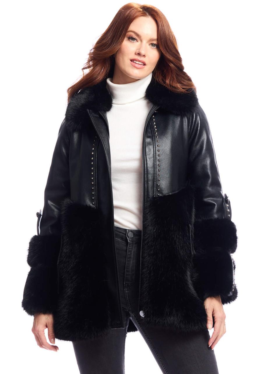 Fabulous-Furs Black Faux Fur & Faux Leather Black Diamond Coat  Fabulous-Furs Black Faux Fur & Faux Leather Black Diamond Coat