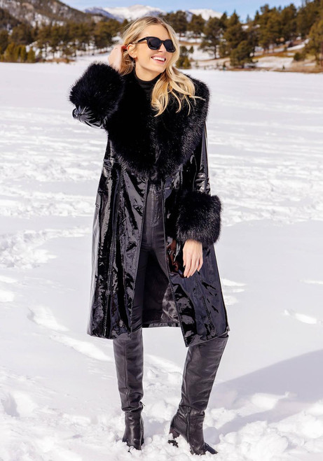 Fabulous-Furs Black Faux Fur Fox Collar Girl Crush Maxi Coat 