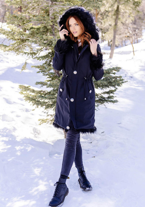 Fabulous-Furs Black Fox Hooded Faux Fur-Lined Knee-Length Storm Coat  Fabulous-Furs Black Fox Hooded Faux Fur-Lined Knee-Length Storm Coat