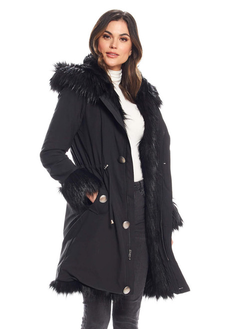 Fabulous-Furs Black Fox Hooded Faux Fur-Lined Knee-Length Storm Coat  Fabulous-Furs Black Fox Hooded Faux Fur-Lined Knee-Length Storm Coat