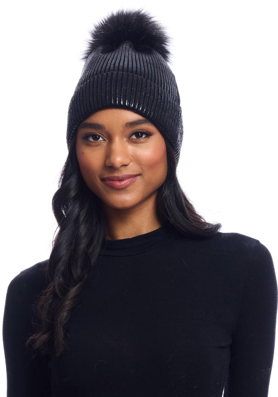 Fabulous-Furs Black Metallic Knit Faux Fur Pom Hat  Fabulous-Furs Black Metallic Knit Faux Fur Pom Hat