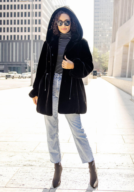 Fabulous-Furs Black Sheared Beaver Hooded Faux Fur Anorak Coat  Fabulous-Furs Black Sheared Beaver Hooded Faux Fur Anorak Coat