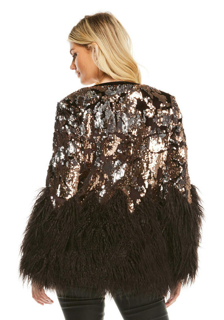Fabulous-Furs Bronze Sequin Shimmer Faux Fur-Trimmed Jacket  Fabulous-Furs Bronze Sequin Shimmer Faux Fur-Trimmed Jacket