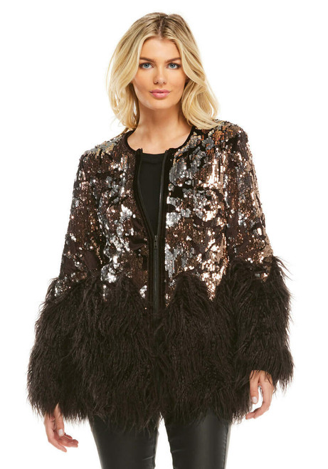 Fabulous-Furs Bronze Sequin Shimmer Faux Fur-Trimmed Jacket  Fabulous-Furs Bronze Sequin Shimmer Faux Fur-Trimmed Jacket