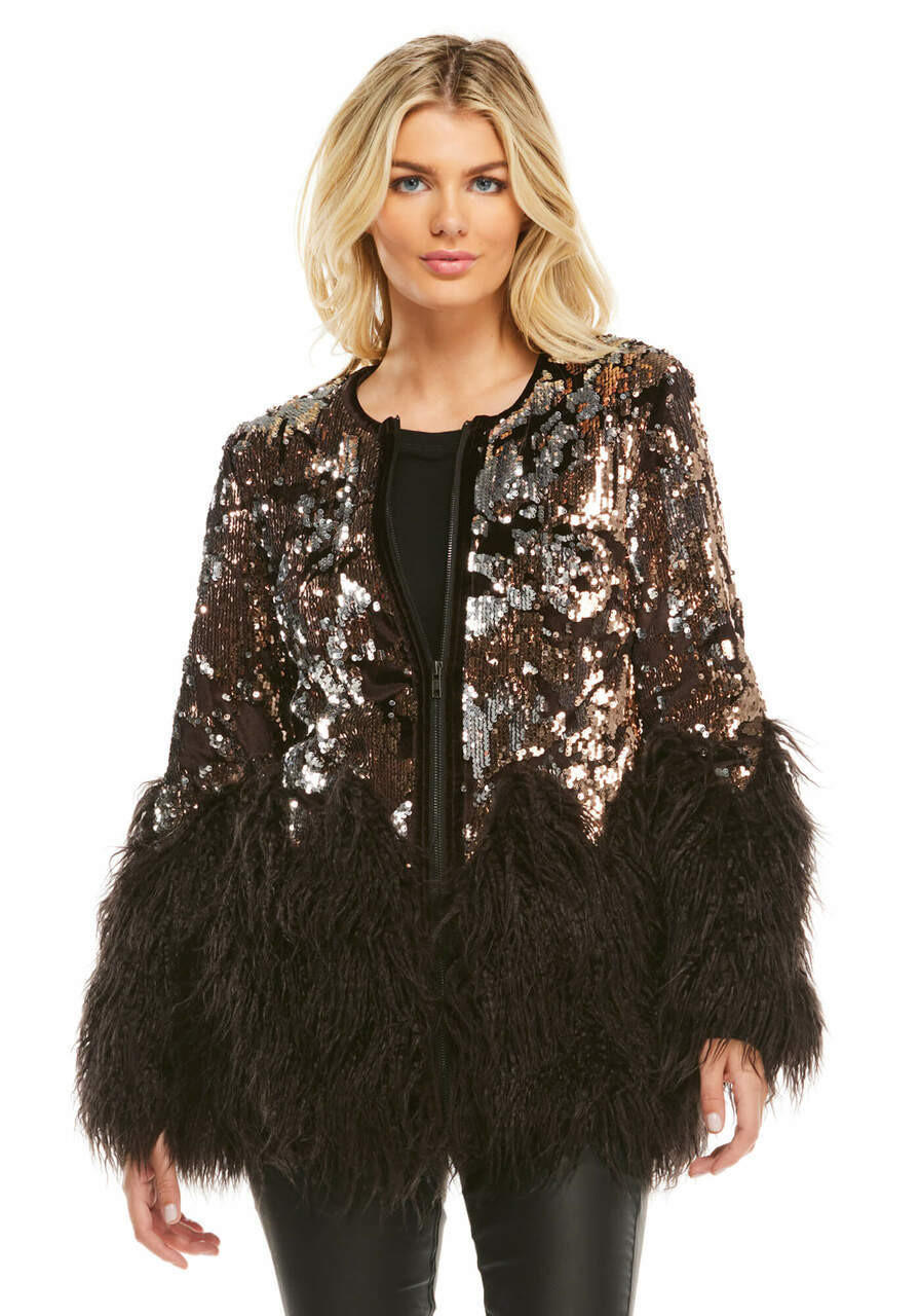 Fabulous-Furs Bronze Sequin Shimmer Faux Fur-Trimmed Jacket  Fabulous-Furs Bronze Sequin Shimmer Faux Fur-Trimmed Jacket