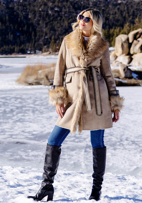 Fabulous-Furs Latte Faux Fur Fox Collar Suede Dakota Coat  Fabulous-Furs Latte Faux Fur Fox Collar Suede Dakota Coat