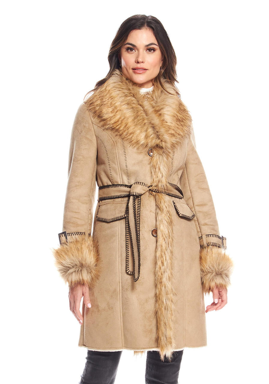 Fabulous-Furs Latte Faux Fur Fox Collar Suede Dakota Coat  Fabulous-Furs Latte Faux Fur Fox Collar Suede Dakota Coat