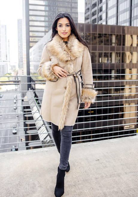 Fabulous-Furs Latte Faux Fur Fox Collar Suede Dakota Coat  Fabulous-Furs Latte Faux Fur Fox Collar Suede Dakota Coat