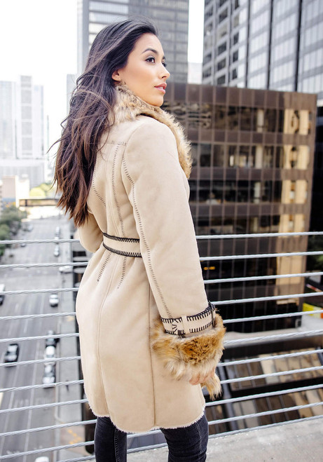 Fabulous-Furs Latte Faux Fur Fox Collar Suede Dakota Coat  Fabulous-Furs Latte Faux Fur Fox Collar Suede Dakota Coat