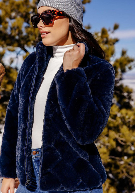 Fabulous-Furs Navy Faux Fur Paige Zip Jacket  Fabulous-Furs Navy Faux Fur Paige Zip Jacket