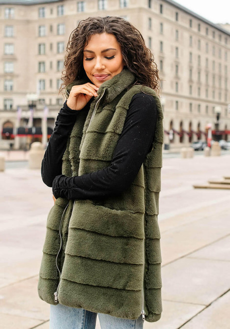 Fabulous-Furs Olive Faux Fur Weekender Zip Vest  Fabulous-Furs Olive Faux Fur Weekender Zip Vest