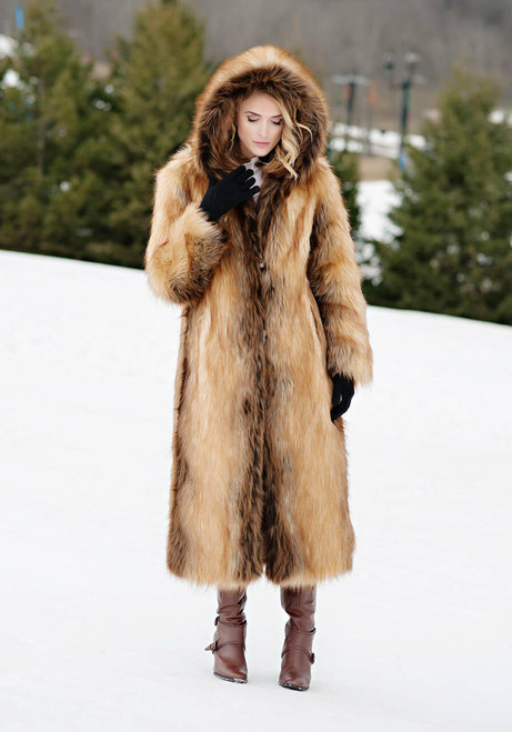 Fabulous-Furs Red Fox Hooded Full-Length Faux Fur Coat  Fabulous-Furs Red Fox Hooded Full-Length Faux Fur Coat