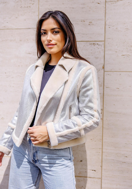 Fabulous-Furs Silver Starlight Faux Suede Moto Jacket  Fabulous-Furs Silver Starlight Faux Suede Moto Jacket