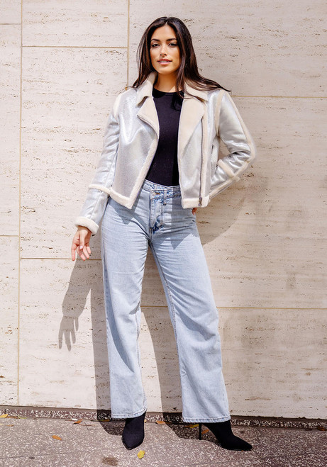 Fabulous-Furs Silver Starlight Faux Suede Moto Jacket  Fabulous-Furs Silver Starlight Faux Suede Moto Jacket