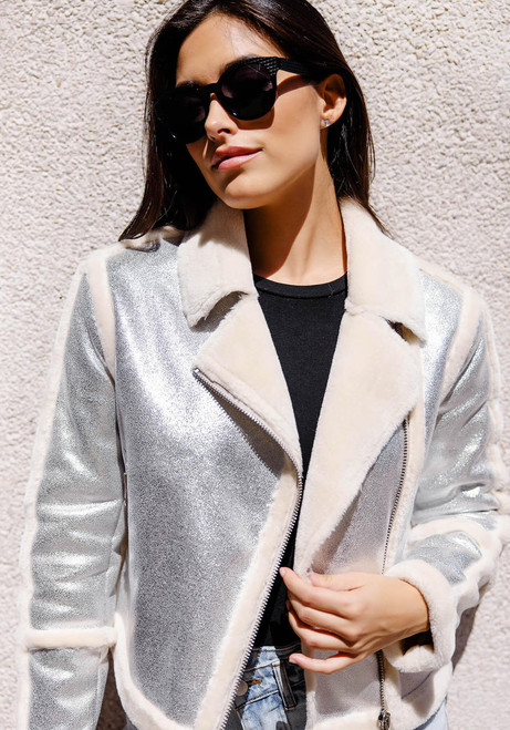 Fabulous-Furs Silver Starlight Faux Suede Moto Jacket  Fabulous-Furs Silver Starlight Faux Suede Moto Jacket