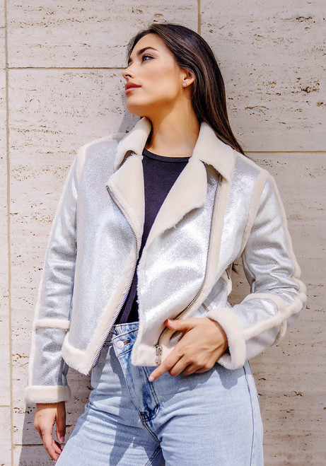 Fabulous-Furs Silver Starlight Faux Suede Moto Jacket  Fabulous-Furs Silver Starlight Faux Suede Moto Jacket
