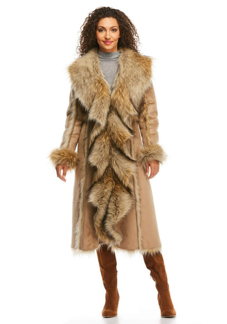 Fabulous-Furs Tan Wolf Cascade Full-Length Faux Fur Coat  Fabulous-Furs Tan Wolf Cascade Full-Length Faux Fur Coat