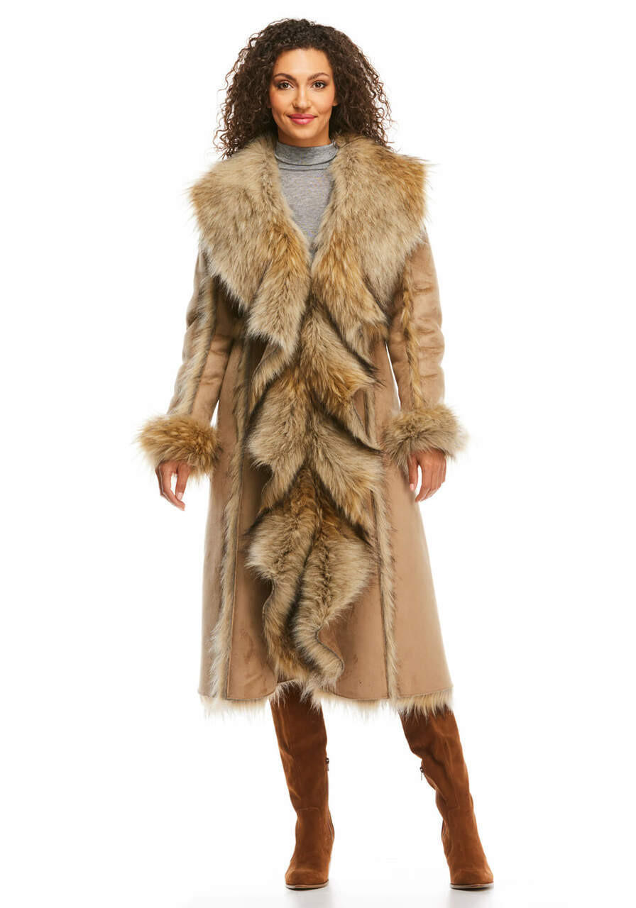 Fabulous-Furs Tan Wolf Cascade Full-Length Faux Fur Coat  Fabulous-Furs Tan Wolf Cascade Full-Length Faux Fur Coat