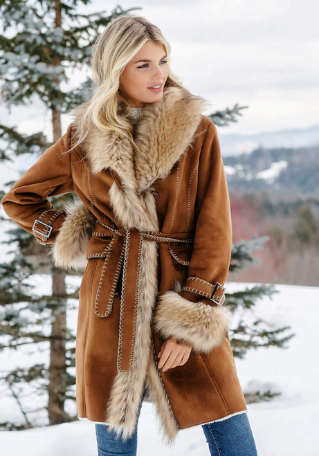 Fabulous-Furs Tobacco Faux Fur Fox Collar Faux Suede Dakota Coat  Fabulous-Furs Tobacco Faux Fur Fox Collar Faux Suede Dakota Coat