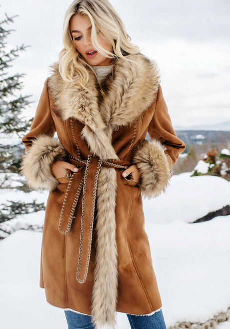 Fabulous-Furs Tobacco Faux Fur Fox Collar Faux Suede Dakota Coat  Fabulous-Furs Tobacco Faux Fur Fox Collar Faux Suede Dakota Coat