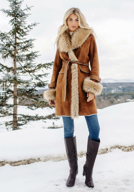 Fabulous-Furs Tobacco Faux Fur Fox Collar Faux Suede Dakota Coat  Fabulous-Furs Tobacco Faux Fur Fox Collar Faux Suede Dakota Coat