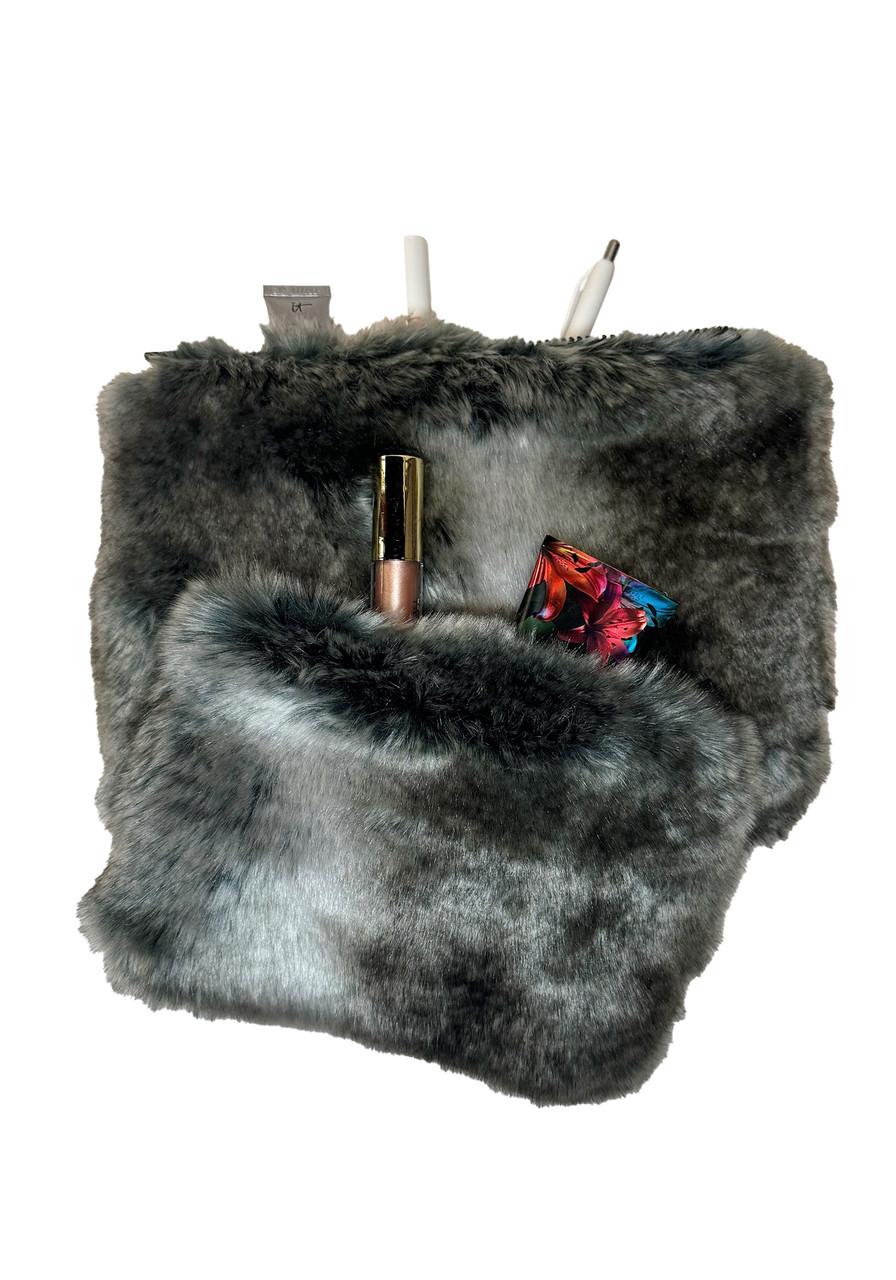 Grey Chinchilla Faux Fur Travel Pouches (Set of 2) Grey Chinchilla Faux Fur Travel Pouches (Set of 2)