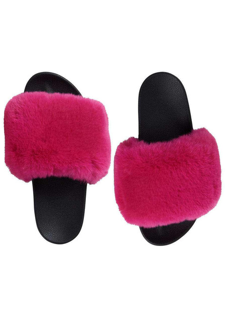 Hot Pink Faux Fur-Trimmed Slides Hot Pink Faux Fur-Trimmed Slides