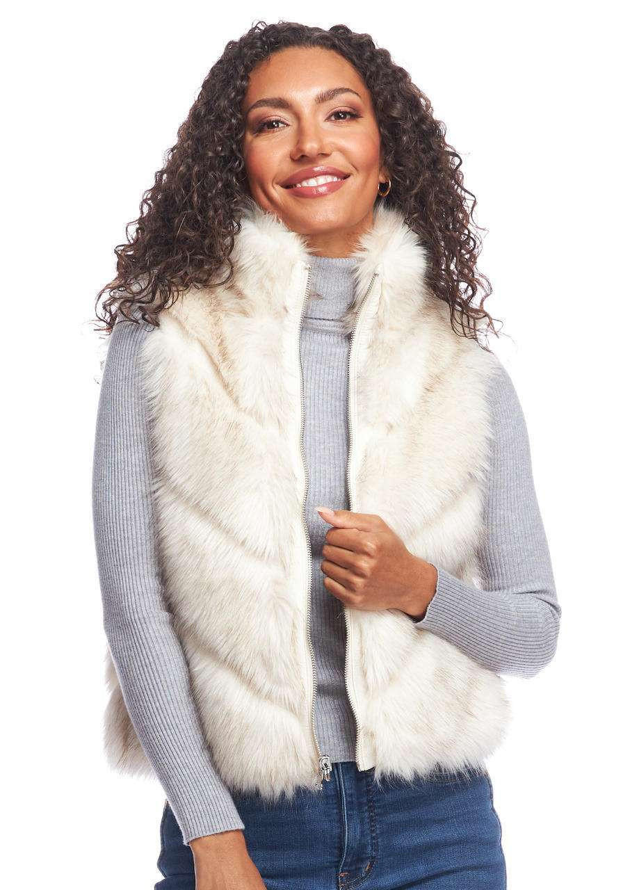 Ivory Chevron Reversible Faux Fur Zip Vest Ivory Chevron Reversible Faux Fur Zip Vest
