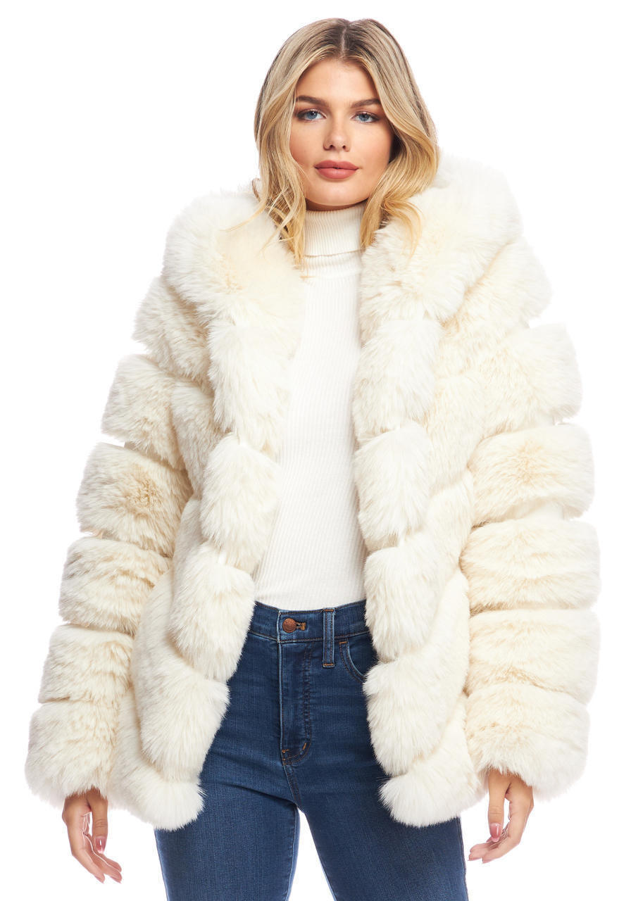 Ivory Fox Faux Fur Chateau Chevron Hooded Coat   Ivory Fox Faux Fur Chateau Chevron Hooded Coat