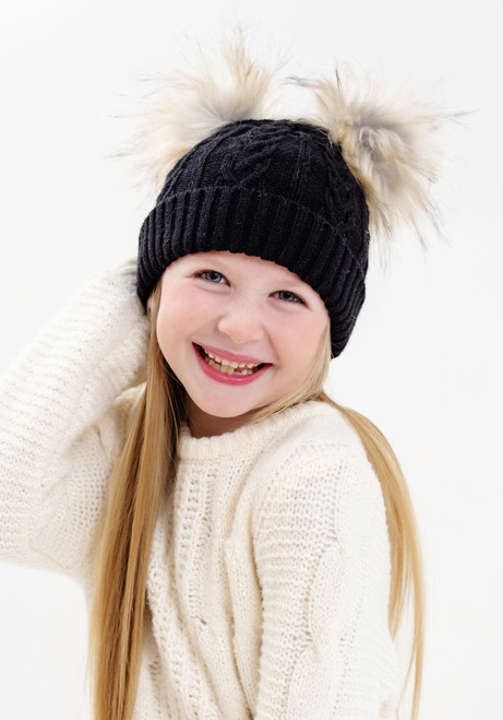 Kid's Black Cableknit Faux Fur Pom Beanie   Kid's Black Cableknit Faux Fur Pom Beanie