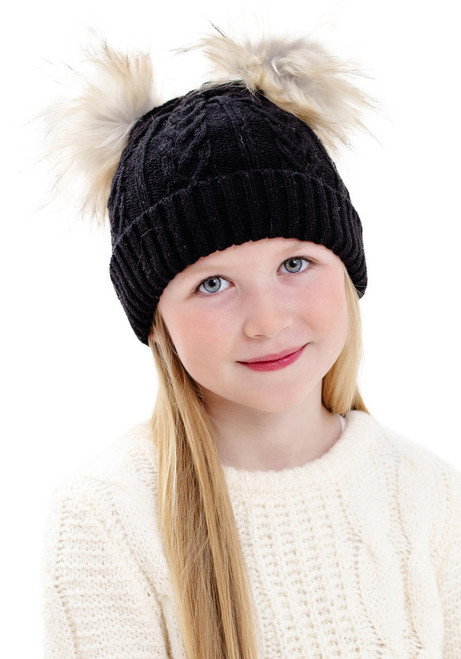 Kid's Black Cableknit Faux Fur Pom Beanie   Kid's Black Cableknit Faux Fur Pom Beanie