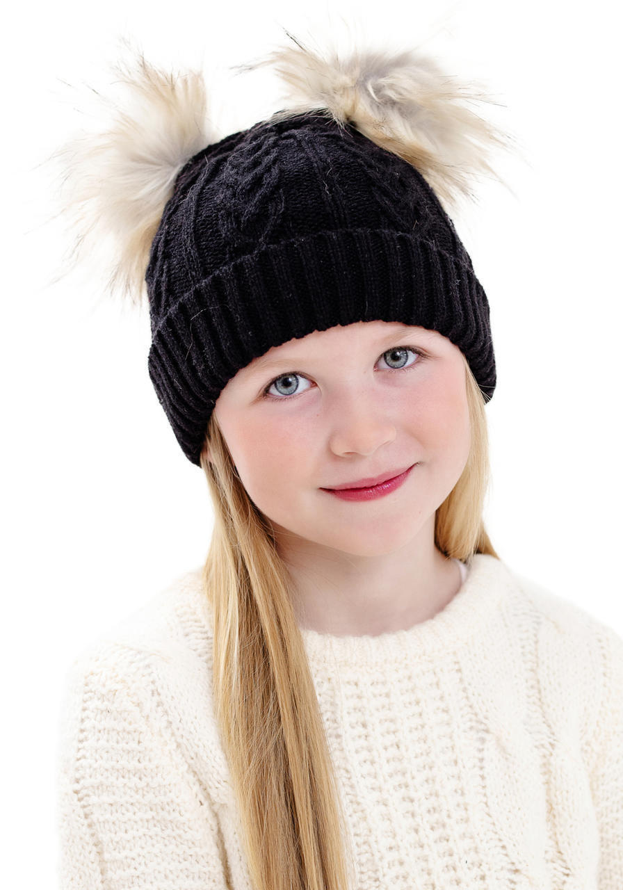 Kid's Black Cableknit Faux Fur Pom Beanie   Kid's Black Cableknit Faux Fur Pom Beanie
