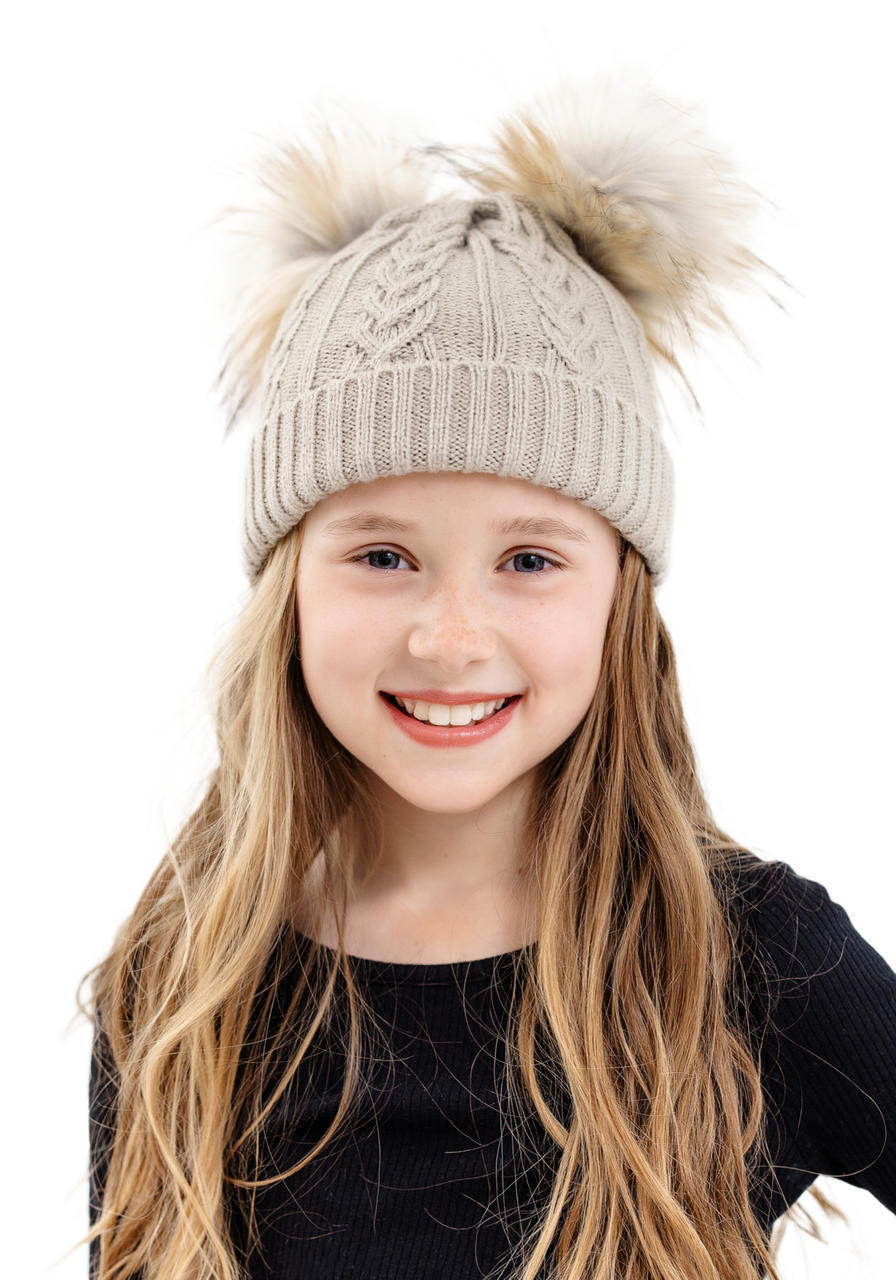 Kid's Oatmeal Cableknit Faux Fur Pom Beanie   Kid's Oatmeal Cableknit Faux Fur Pom Beanie