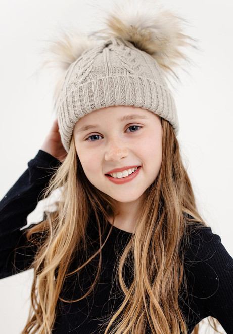 Kid's Oatmeal Cableknit Faux Fur Pom Beanie   Kid's Oatmeal Cableknit Faux Fur Pom Beanie