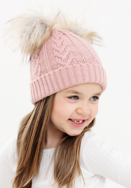 Kid's Rose Cableknit Faux Fur Pom Beanie   Kid's Rose Cableknit Faux Fur Pom Beanie