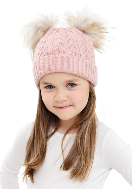 Kid's Rose Cableknit Faux Fur Pom Beanie   Kid's Rose Cableknit Faux Fur Pom Beanie