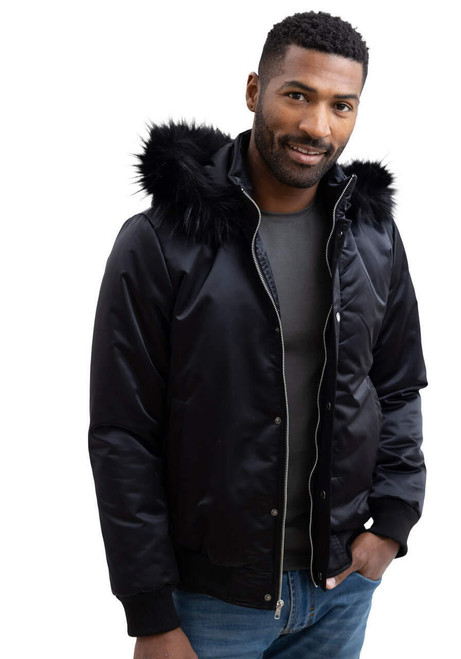 Men's Black Courtside Faux Fur-Trimmed Bomber Jacket   Men's Black Courtside Faux Fur-Trimmed Bomber Jacket
