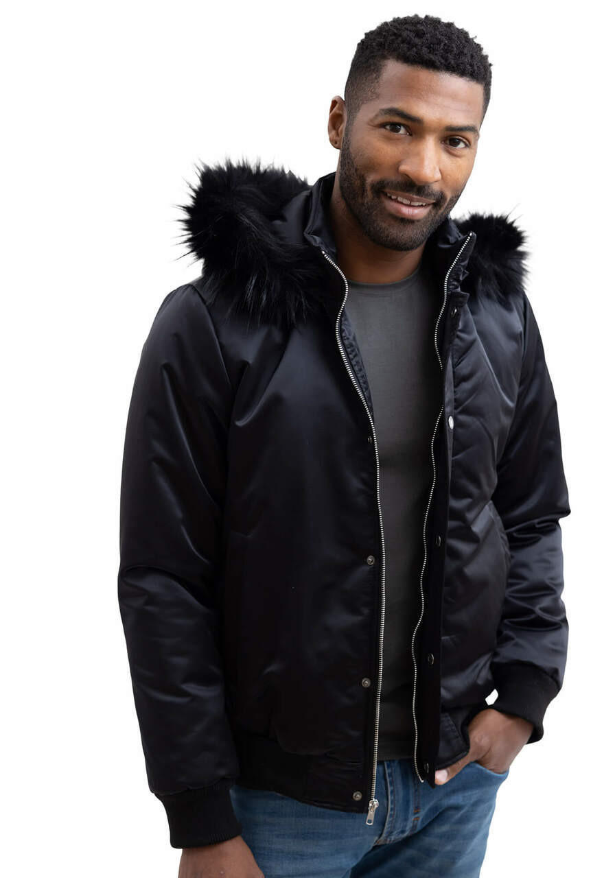  Men's Black Courtside Faux Fur-Trimmed Bomber Jacket 