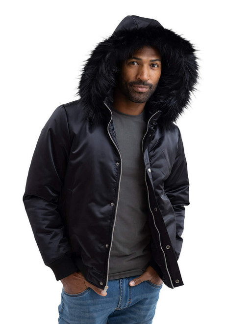 Men's Black Courtside Faux Fur-Trimmed Bomber Jacket   Men's Black Courtside Faux Fur-Trimmed Bomber Jacket