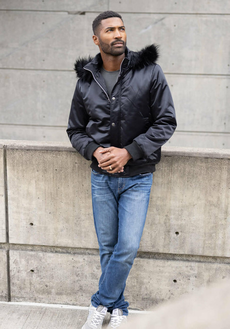 Men's Black Courtside Faux Fur-Trimmed Bomber Jacket   Men's Black Courtside Faux Fur-Trimmed Bomber Jacket