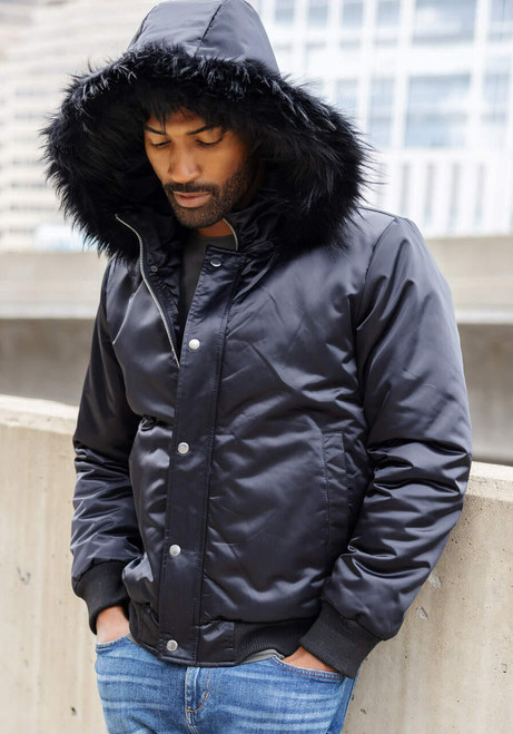 Men's Black Courtside Faux Fur-Trimmed Bomber Jacket   Men's Black Courtside Faux Fur-Trimmed Bomber Jacket