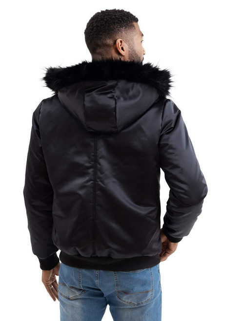 Men's Black Courtside Faux Fur-Trimmed Bomber Jacket   Men's Black Courtside Faux Fur-Trimmed Bomber Jacket