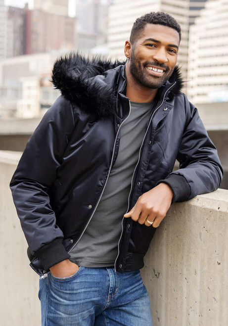 Men's Black Courtside Faux Fur-Trimmed Bomber Jacket   Men's Black Courtside Faux Fur-Trimmed Bomber Jacket