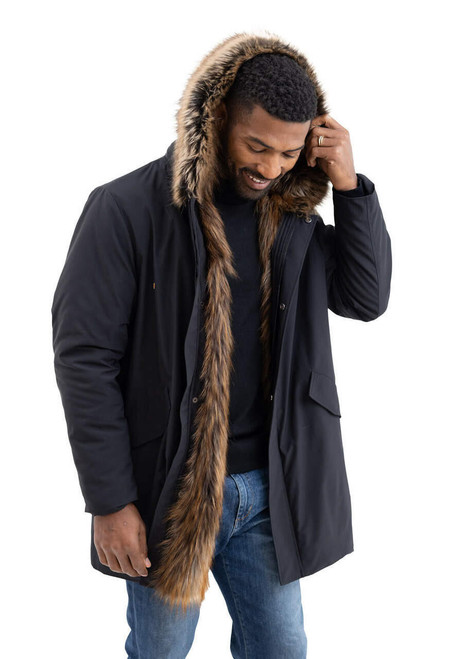 Men's Black Faux Fur-Trimmed Hooded Storm Coat   Men's Black Faux Fur-Trimmed Hooded Storm Coat