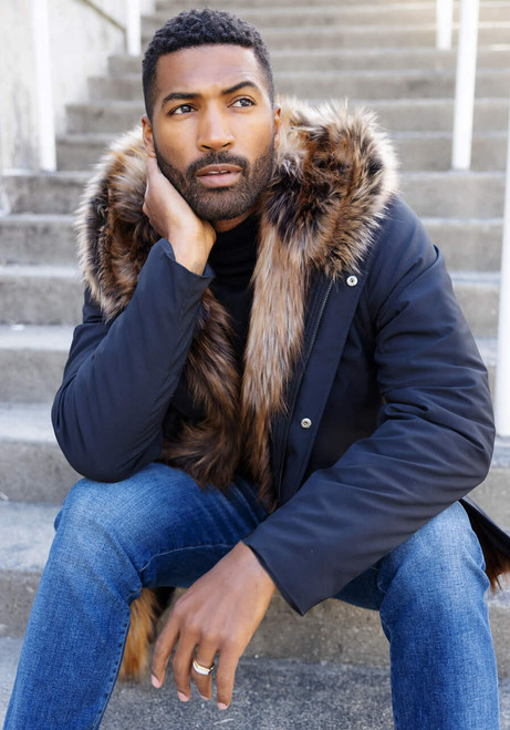 Men's Black Faux Fur-Trimmed Hooded Storm Coat   Men's Black Faux Fur-Trimmed Hooded Storm Coat