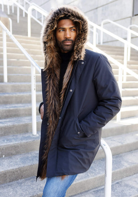 Men's Black Faux Fur-Trimmed Hooded Storm Coat   Men's Black Faux Fur-Trimmed Hooded Storm Coat